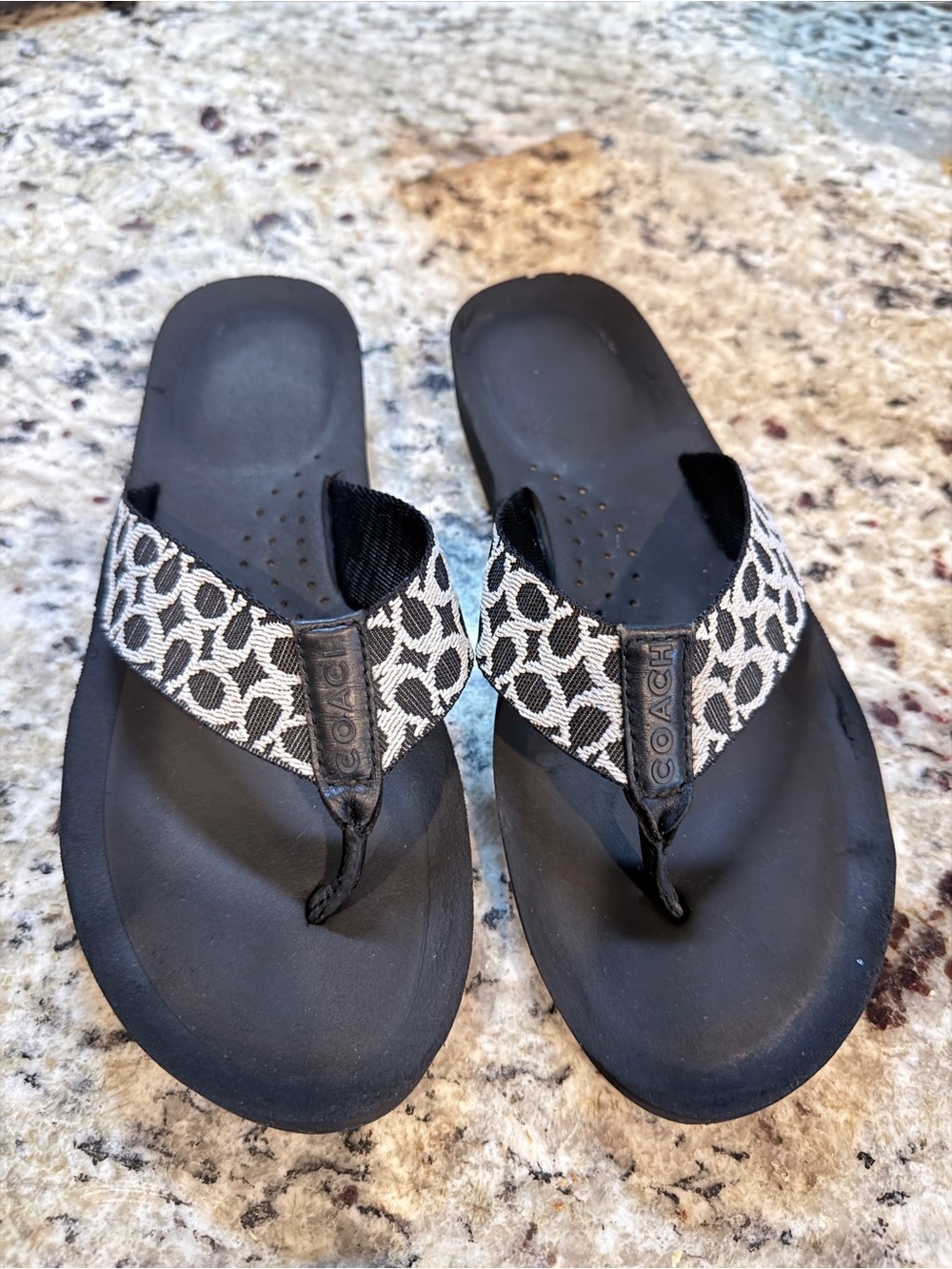 Coach Signature Flip Flop Sandals | Black & White Logo Print | Comfort